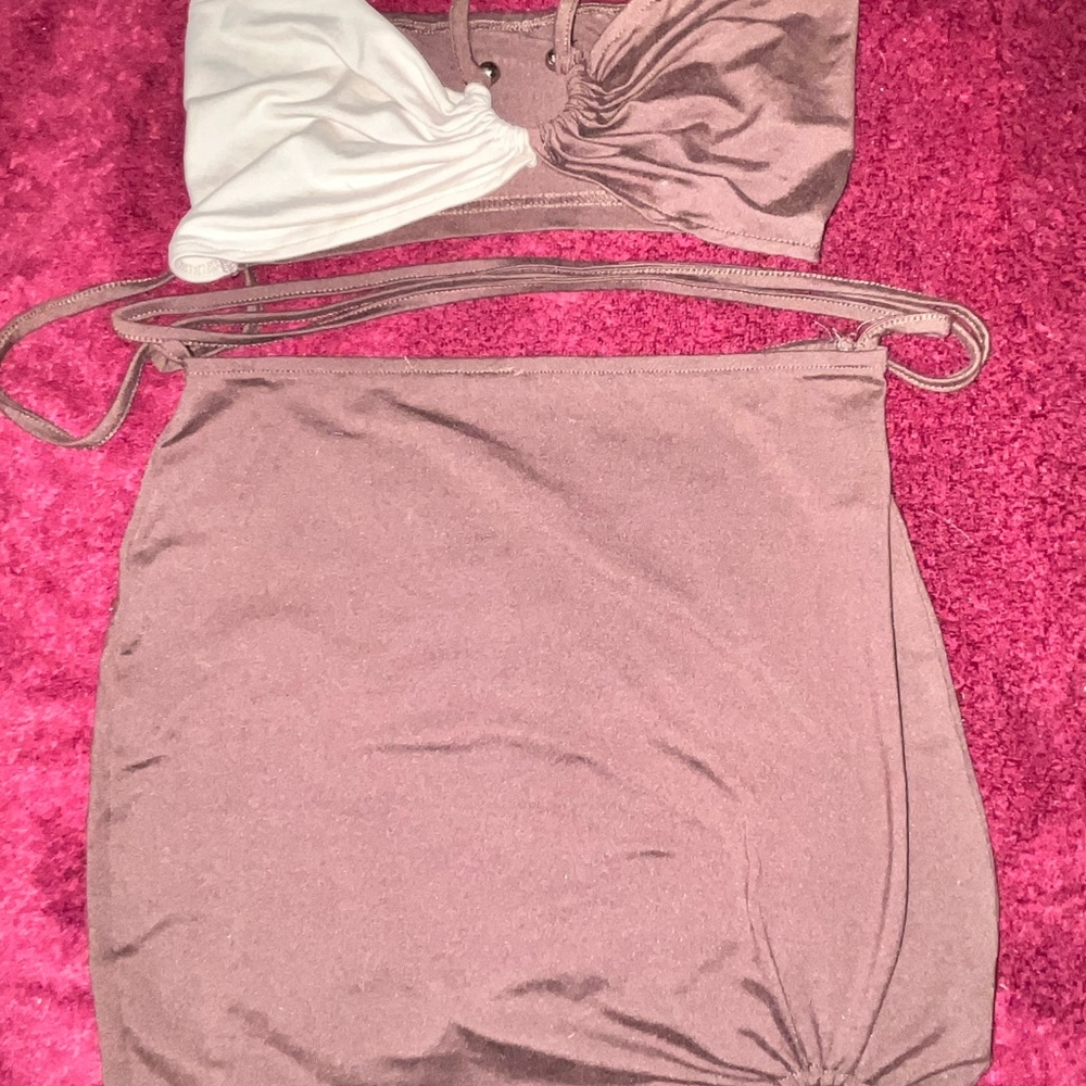 Brown & Cream Ruched Mini Skirt Set
